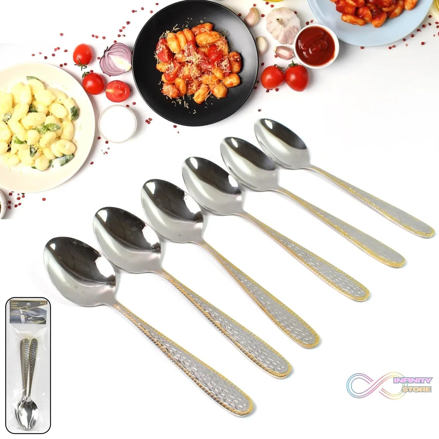 Stainless Steel Gold Bordered Textured Spoons Gold Plated Handle Set of 6 Pc - infinityexculsivestore.com