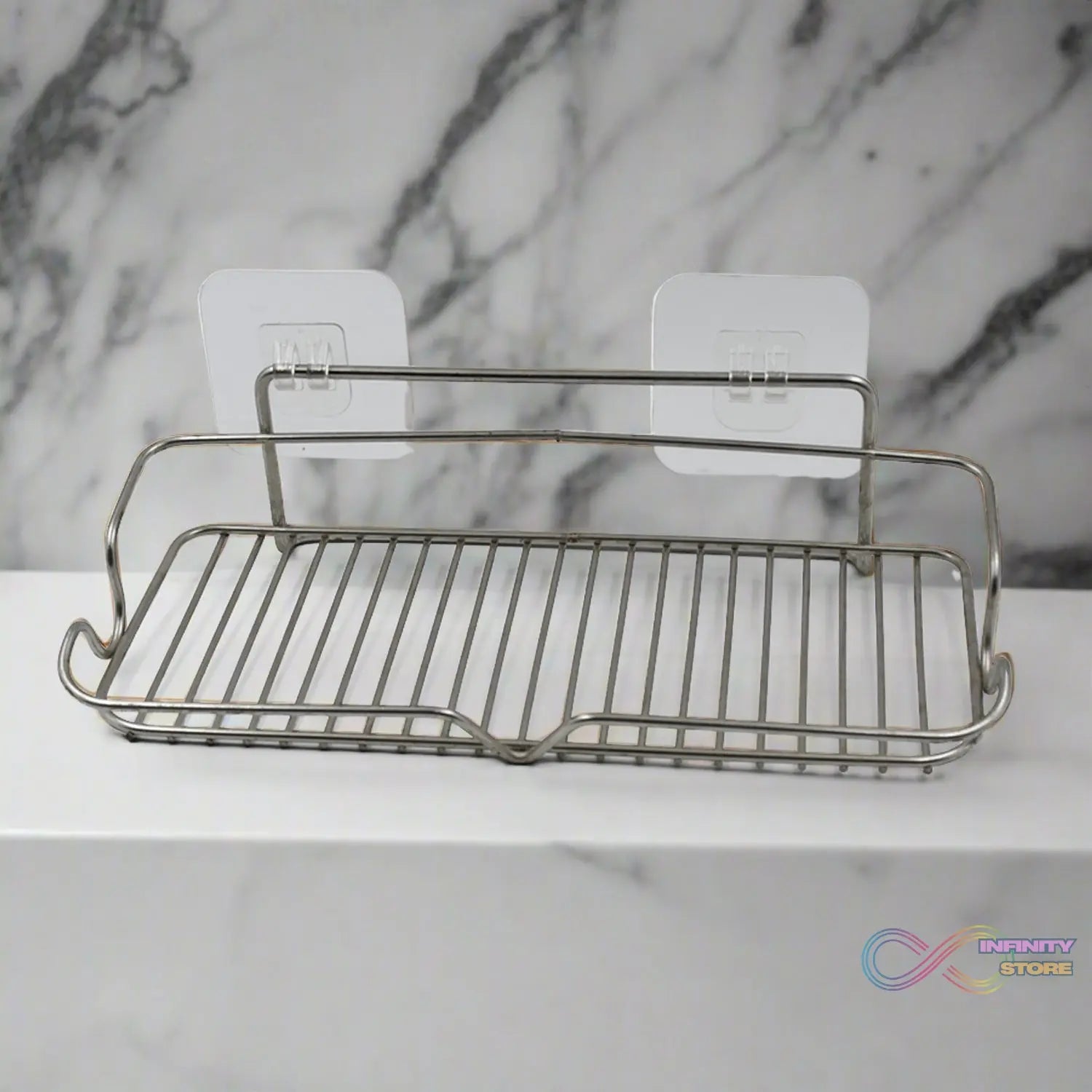 Stainless Steel Kitchen Bathroom Shower Shelf Storage Suction Basket Rack With 2 Hook (1 Pc) - infinityexculsivestore.com