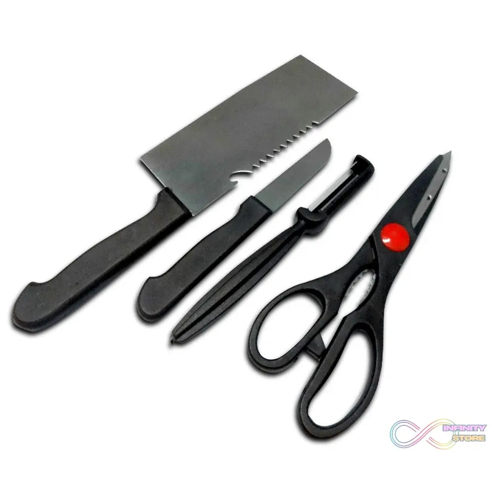 Stainless steel kitchen tool set including butcher knife, standard knife, peeler, and scissors.