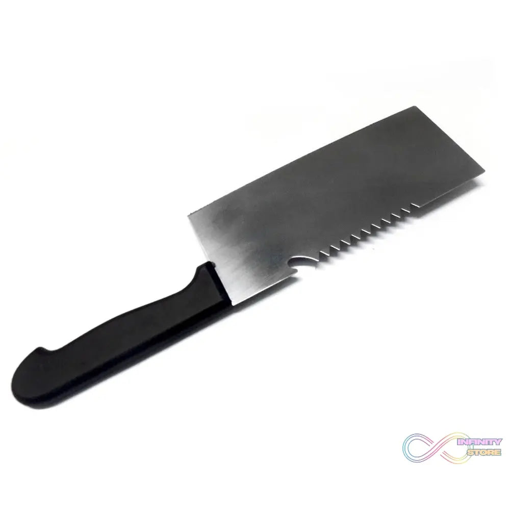 Kitchen tool set with stainless steel butcher knife, standard knife, peeler, and scissors.