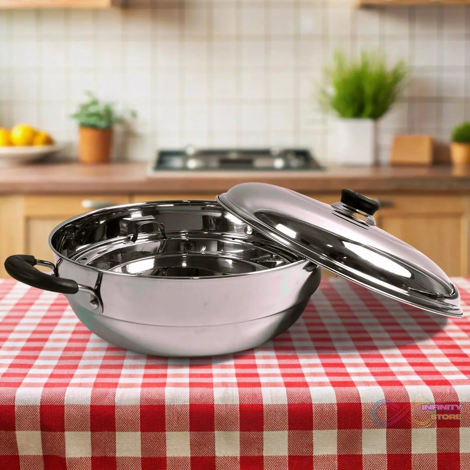 Stainless Steel Multi Kadai with 4 Plates in 1, 2 idli plates, 1 dhokla Plate, 1 Patra Plate, 1 kadai with 1 Lid (6 Pcs Set) - infinityexculsivestore.com