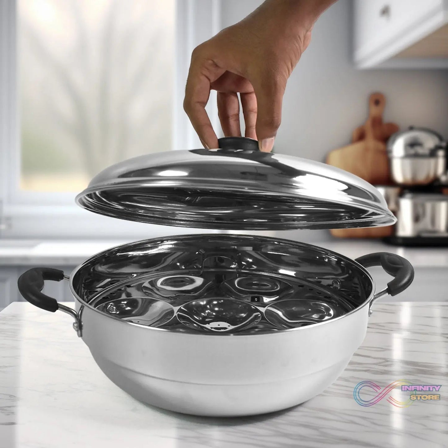 Stainless Steel Multi Kadai with 4 Plates in 1, 2 idli plates, 1 dhokla Plate, 1 Patra Plate, 1 kadai with 1 Lid (6 Pcs Set) - infinityexculsivestore.com