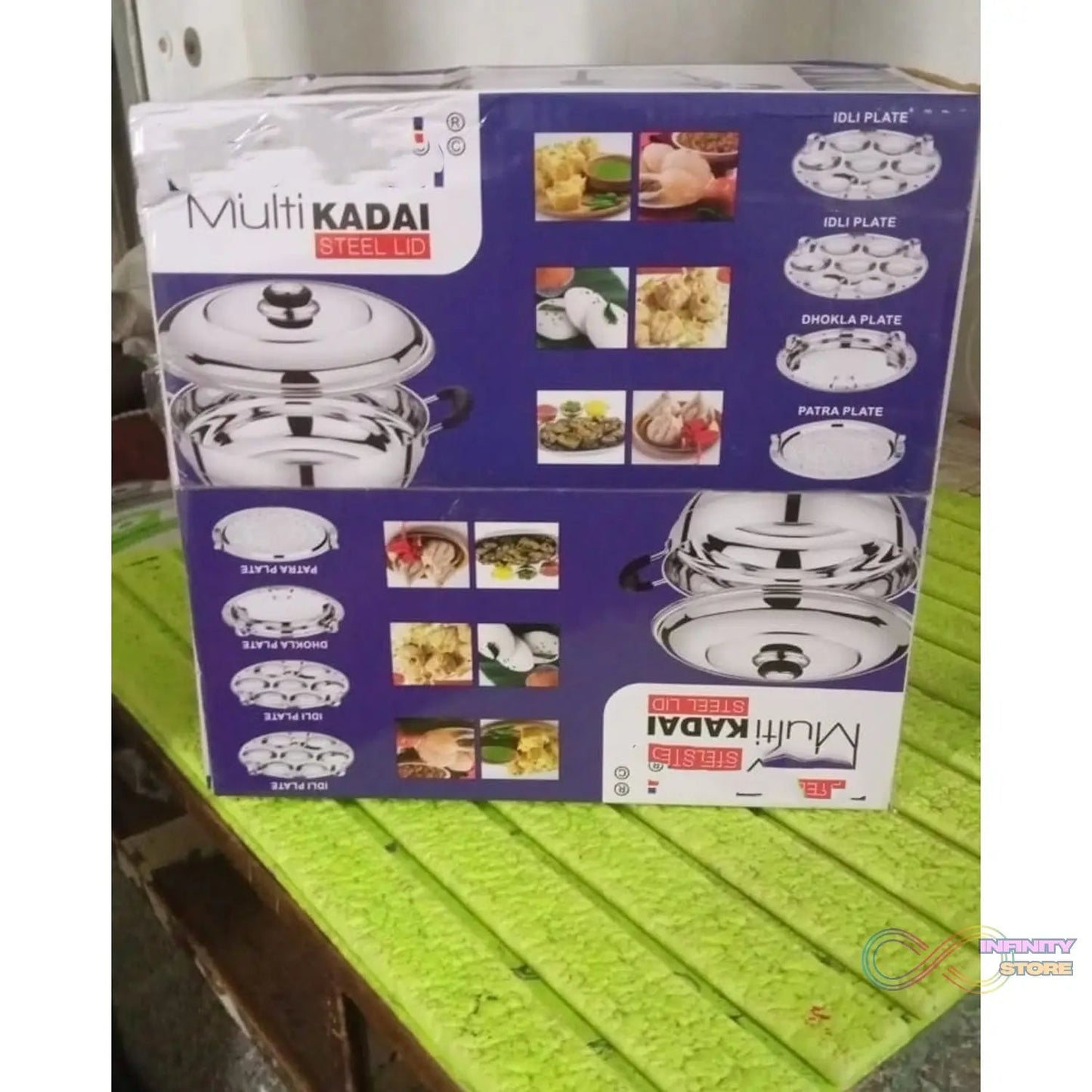 Stainless Steel Multi Kadai with 4 Plates in 1, 2 idli plates, 1 dhokla Plate, 1 Patra Plate, 1 kadai with 1 Lid (6 Pcs Set) - infinityexculsivestore.com