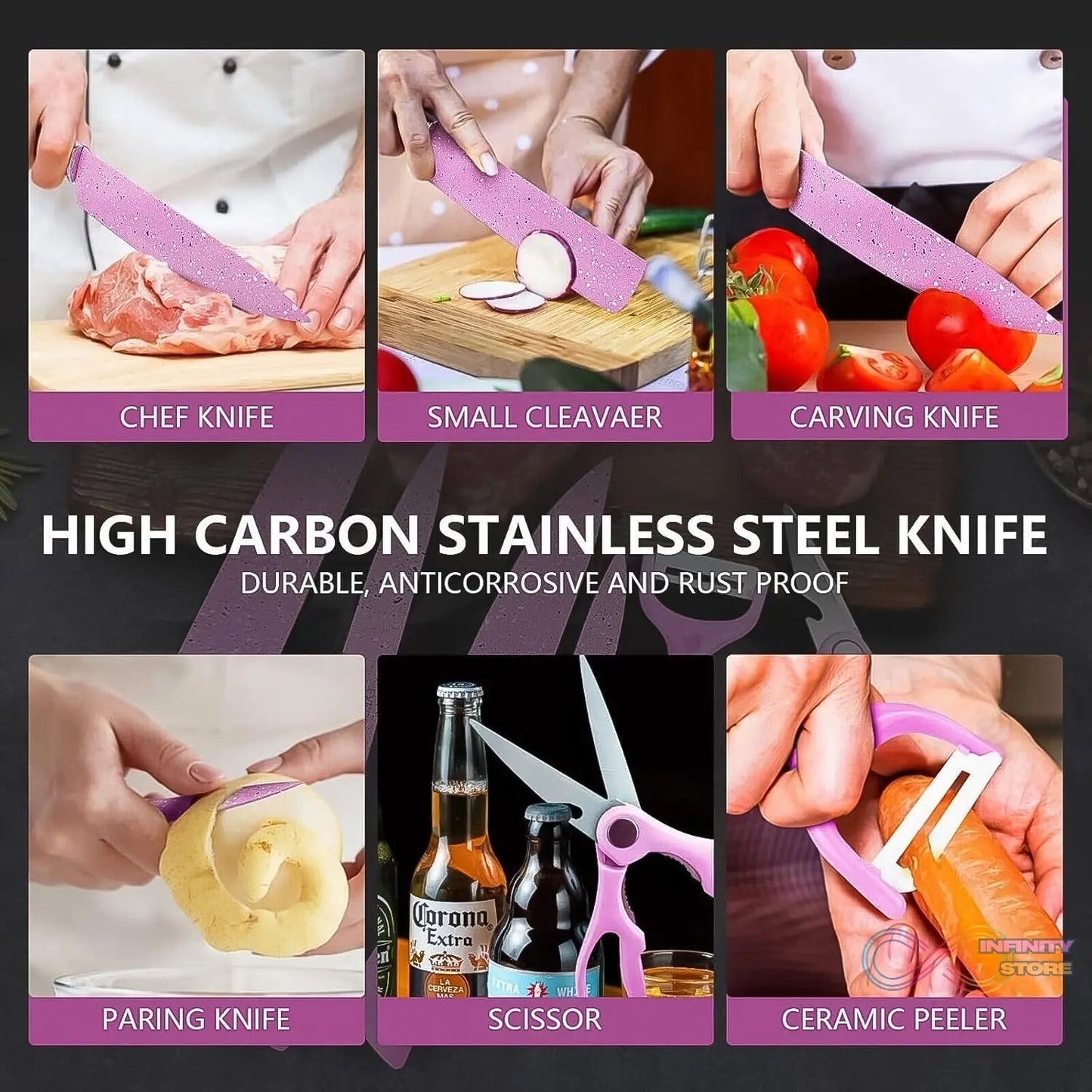 Stainless Steel Non Stick Ceramic Coating 6 Pcs Chef Kitchen Knife Set with Scissor & Peeler - infinityexculsivestore.com