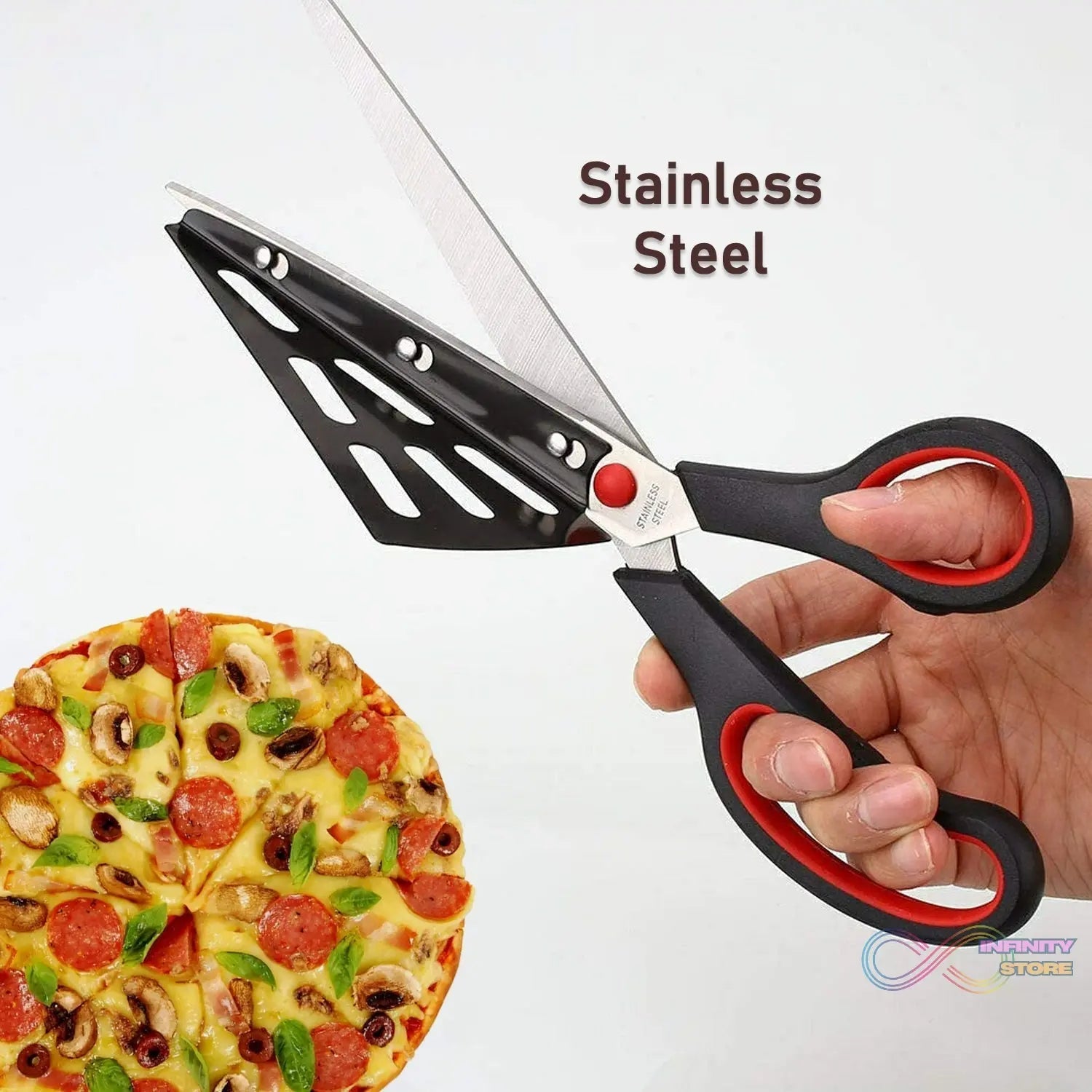 Stainless Steel Pizza Cutter Scissors Plastic Handle with Removable Spatula - infinityexculsivestore.com