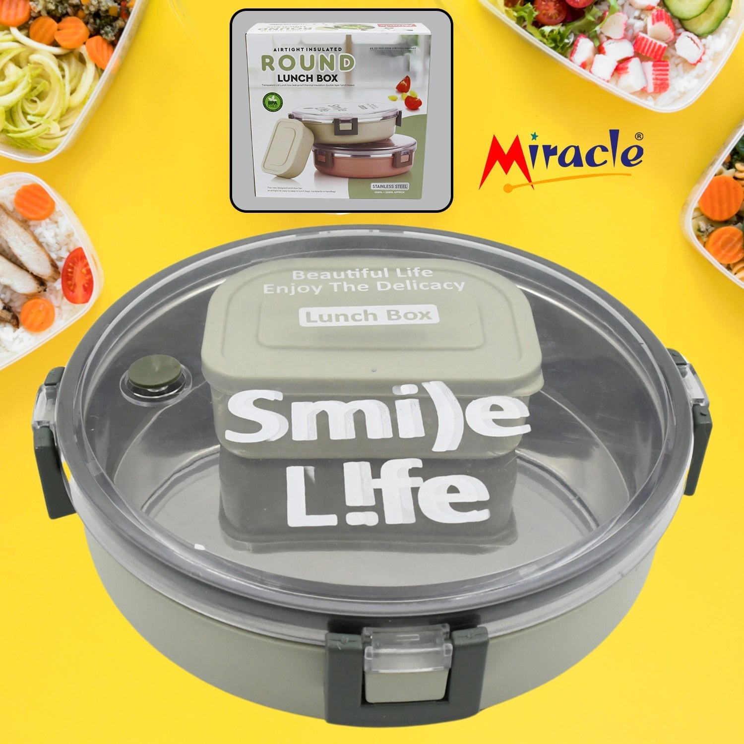Miracle Stainless Steel Round Lunch Box, with Small Plastic Box Insert Leak Proof Lunch Box with Transparent lid, Lunch Box for Kids & Adults for School, Office (450 ML + 250 ML Approx) - infinityexculsivestore.com
