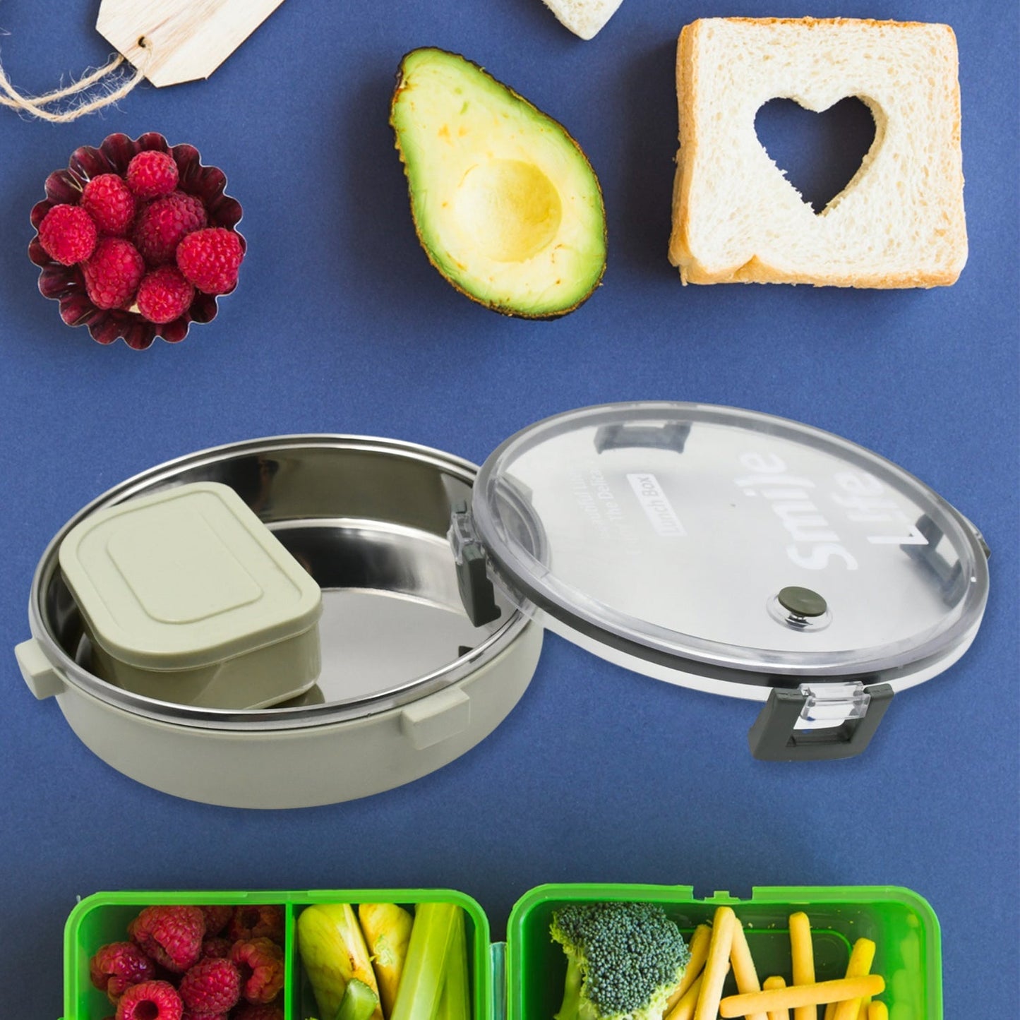 Miracle Stainless Steel Round Lunch Box, with Small Plastic Box Insert Leak Proof Lunch Box with Transparent lid, Lunch Box for Kids & Adults for School, Office (450 ML + 250 ML Approx) - infinityexculsivestore.com