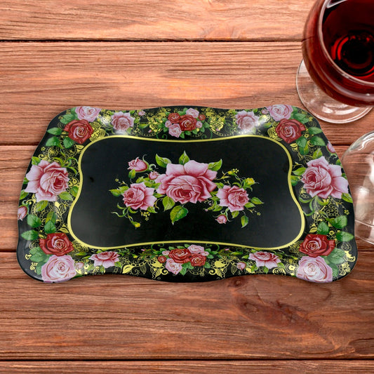 Stainless Steel Serving Tray With Flower Printed Rectangle Premium Dining Table Plate (18 x 8.5 Inch / 1 Pc) - infinityexculsivestore.com