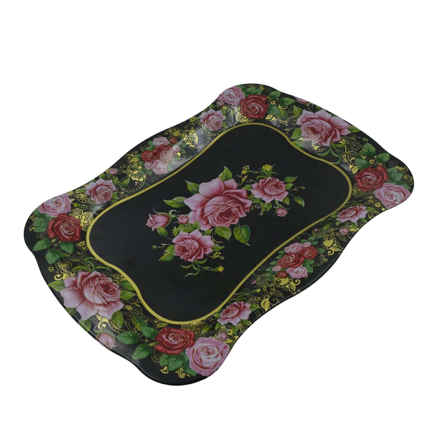 Stainless Steel Serving Tray With Flower Printed Rectangle Premium Dining Table Plate (18 x 8.5 Inch / 1 Pc) - infinityexculsivestore.com