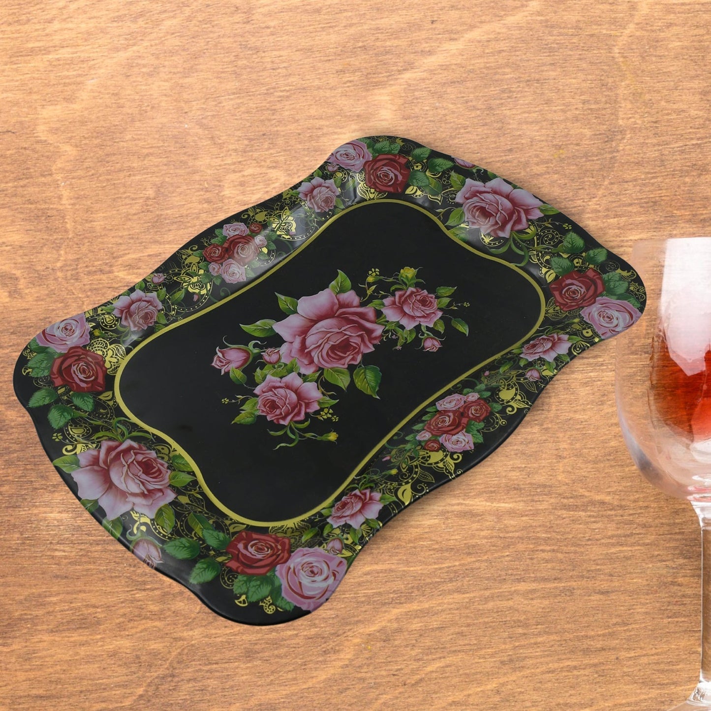 Stainless Steel Serving Tray With Flower Printed Rectangle Premium Dining Table Plate (18 x 8.5 Inch / 1 Pc) - infinityexculsivestore.com