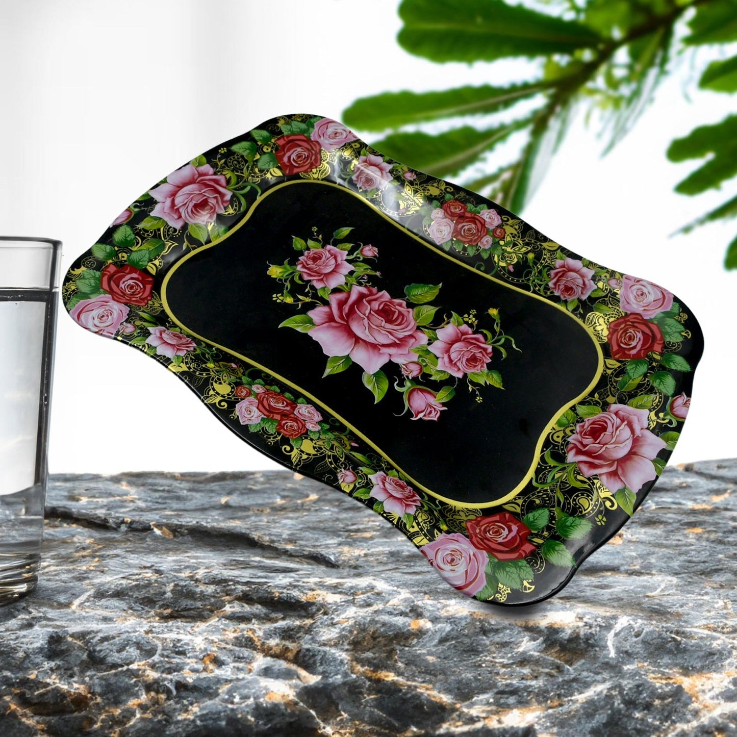 Stainless Steel Serving Tray With Flower Printed Rectangle Premium Dining Table Plate (18 x 8.5 Inch / 1 Pc) - infinityexculsivestore.com