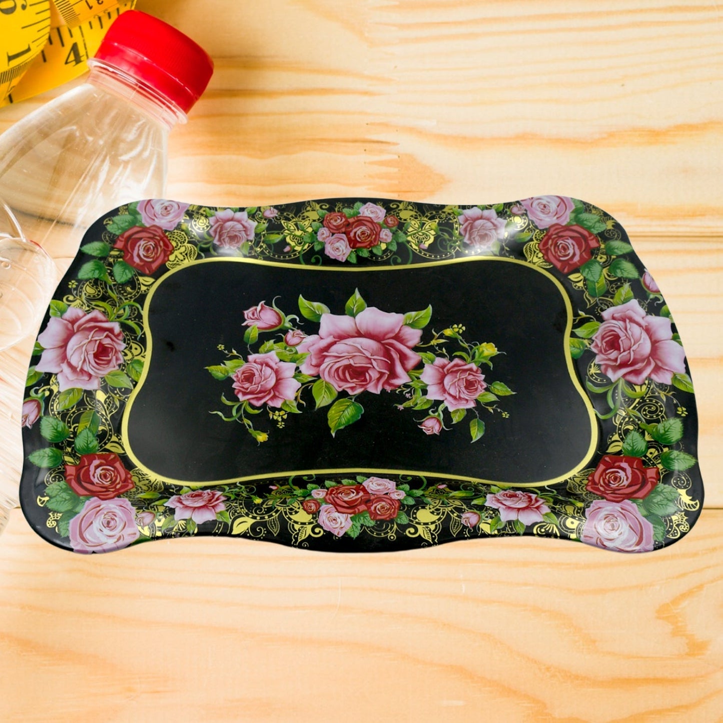 Stainless Steel Serving Tray With Flower Printed Rectangle Premium Dining Table Plate (18 x 8.5 Inch / 1 Pc) - infinityexculsivestore.com