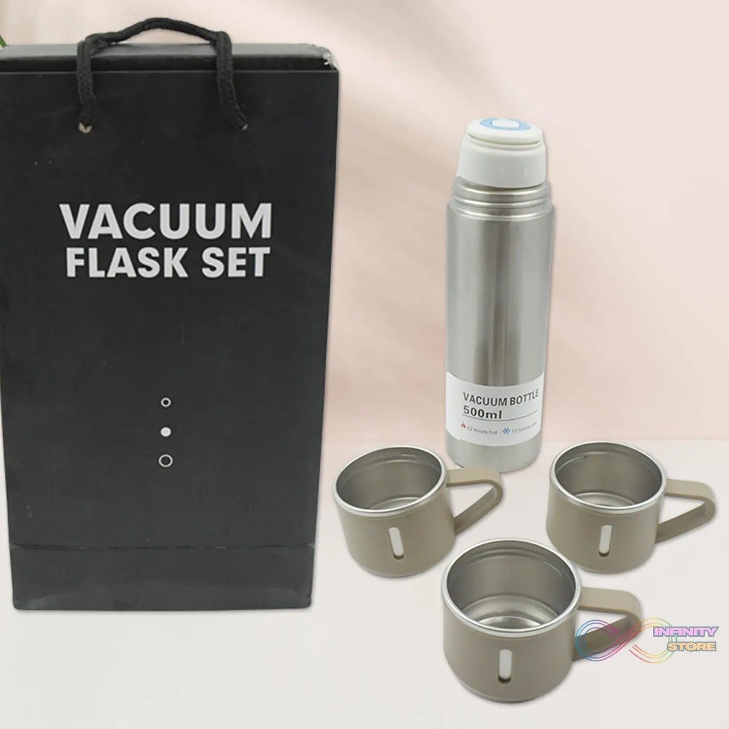 Stainless Steel Vacuum Flask Set with 3 Steel Cups Combo for Coffee Hot Drink and Cold Water Flask Ideal Gifting Travel Friendly Latest Flask Bottle. (500ml) - infinityexculsivestore.com