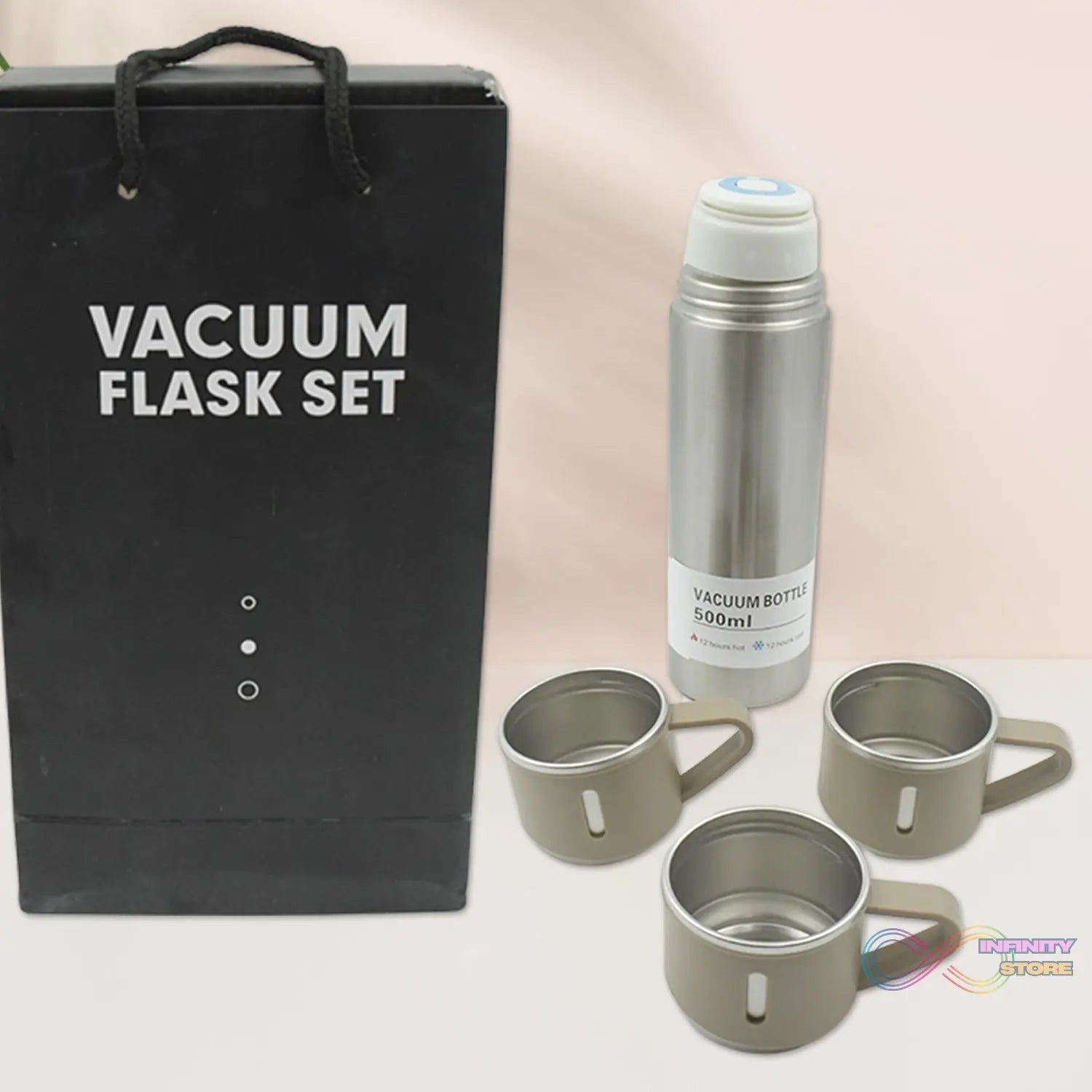 Stainless Steel Vacuum Flask Set with 3 Steel Cups Combo for Coffee Hot Drink and Cold Water Flask Ideal Gifting Travel Friendly Latest Flask Bottle. (500ml) - infinityexculsivestore.com