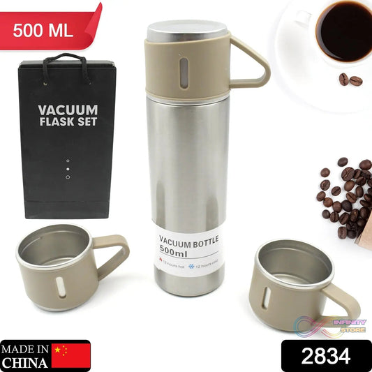 Stainless Steel Vacuum Flask Set with 3 Steel Cups Combo for Coffee Hot Drink and Cold Water Flask Ideal Gifting Travel Friendly Latest Flask Bottle. (500ml) - infinityexculsivestore.com