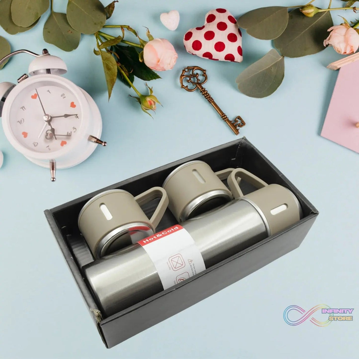 Stainless Steel Vacuum Flask Set with 3 Steel Cups Combo for Coffee Hot Drink and Cold Water Flask Ideal Gifting Travel Friendly Latest Flask Bottle. (500ml) - infinityexculsivestore.com