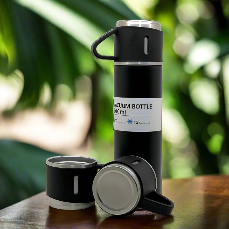 Stainless Steel Vacuum Flask Set with 3 Steel Cups Combo for Coffee Hot Drink and Cold Water Flask Ideal Gifting Travel Friendly Latest Flask Bottle. (500ml) - infinityexculsivestore.com