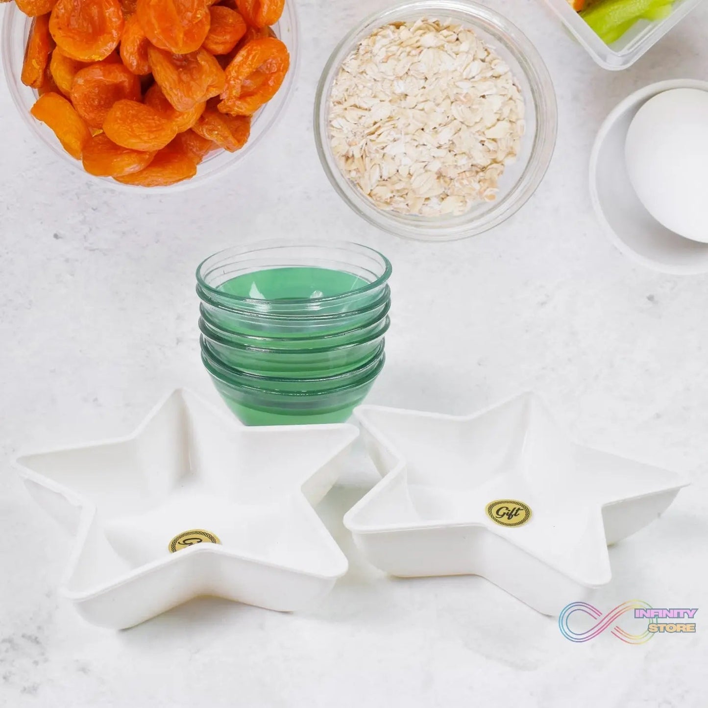 Star Station High Quality 6 Pc Glass Bowl & 2 Pc Plastic Star Shape Snack Bowl Set (8 Pcs Set) - infinityexculsivestore.com