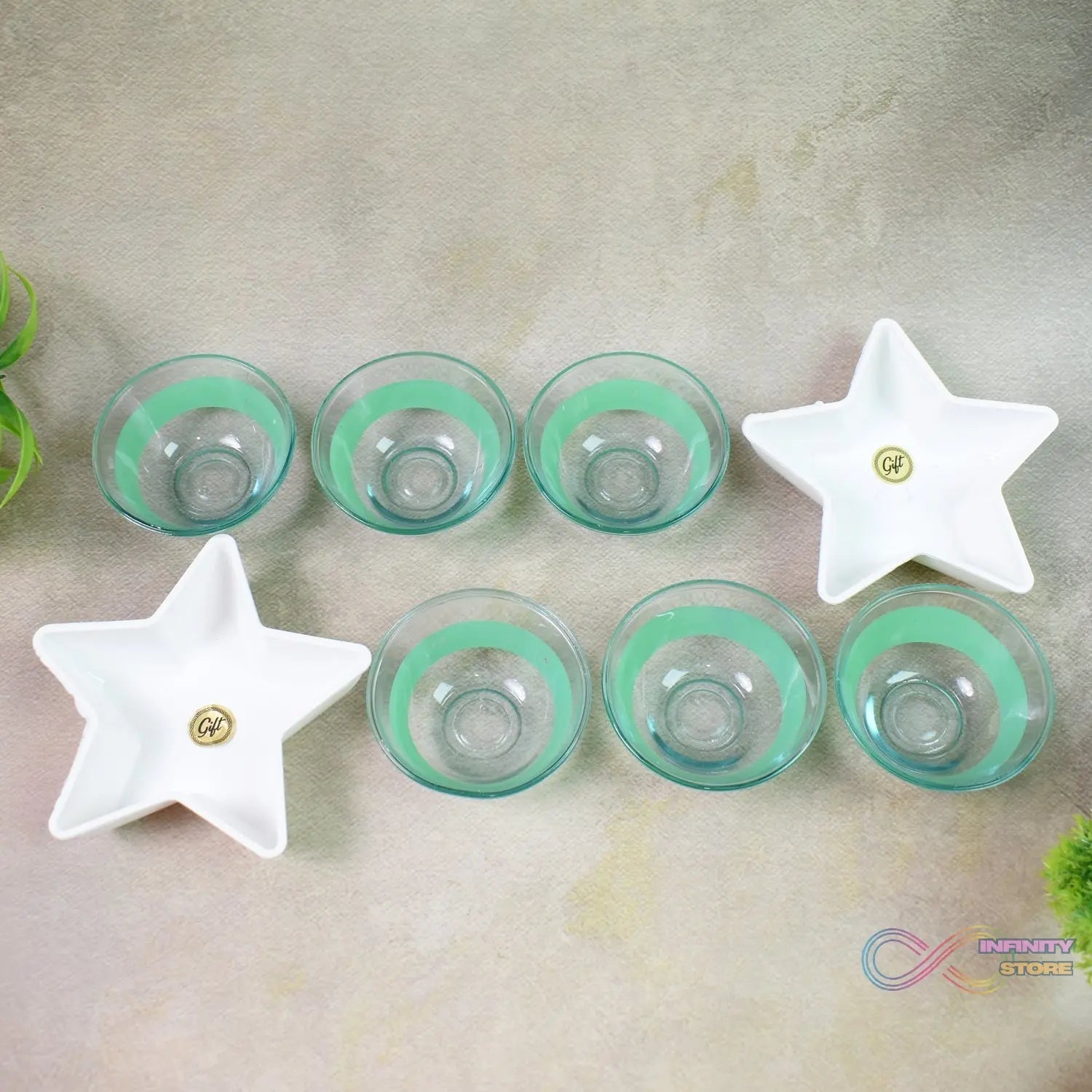 Star Station High Quality 6 Pc Glass Bowl & 2 Pc Plastic Star Shape Snack Bowl Set (8 Pcs Set) - infinityexculsivestore.com