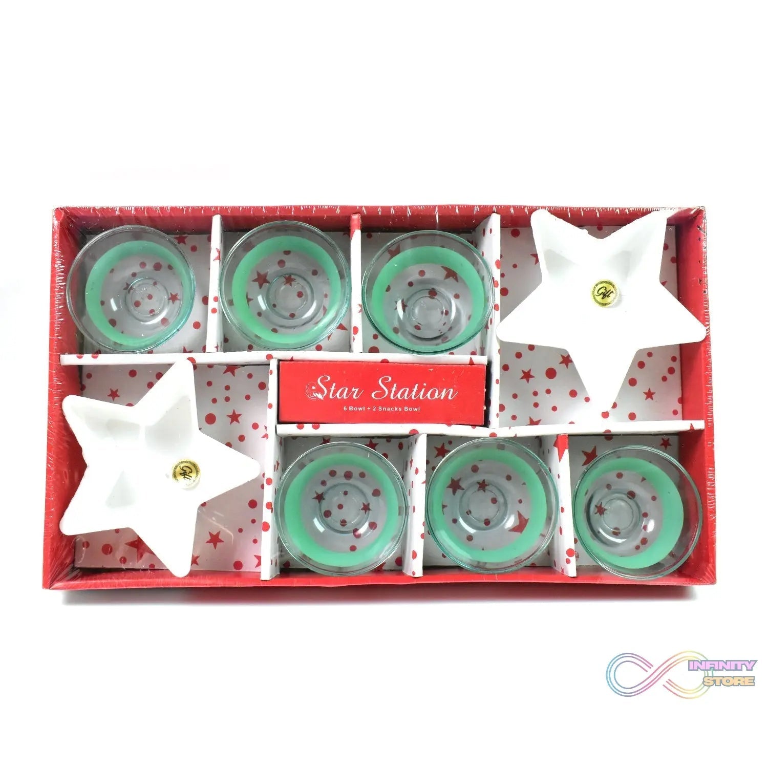 Star Station High Quality 6 Pc Glass Bowl & 2 Pc Plastic Star Shape Snack Bowl Set (8 Pcs Set) - infinityexculsivestore.com