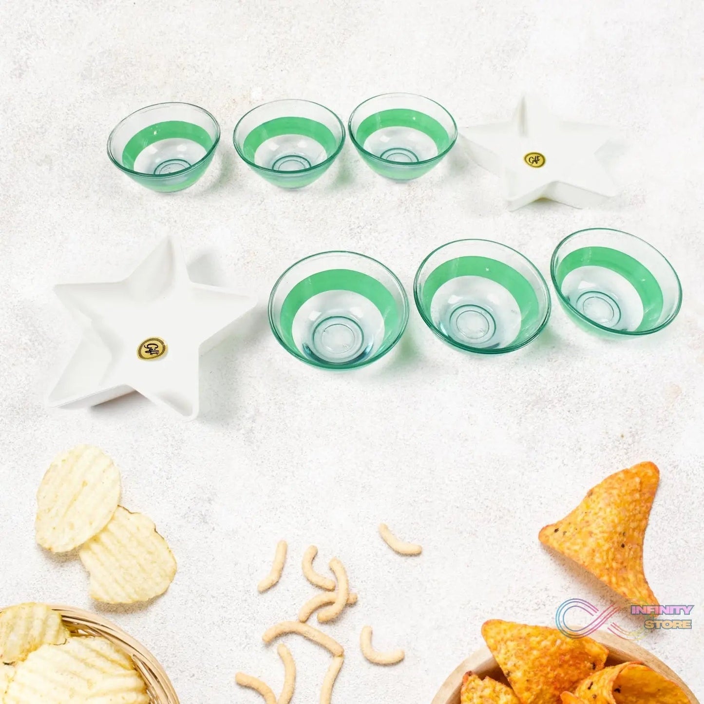 Star Station High Quality 6 Pc Glass Bowl & 2 Pc Plastic Star Shape Snack Bowl Set (8 Pcs Set) - infinityexculsivestore.com