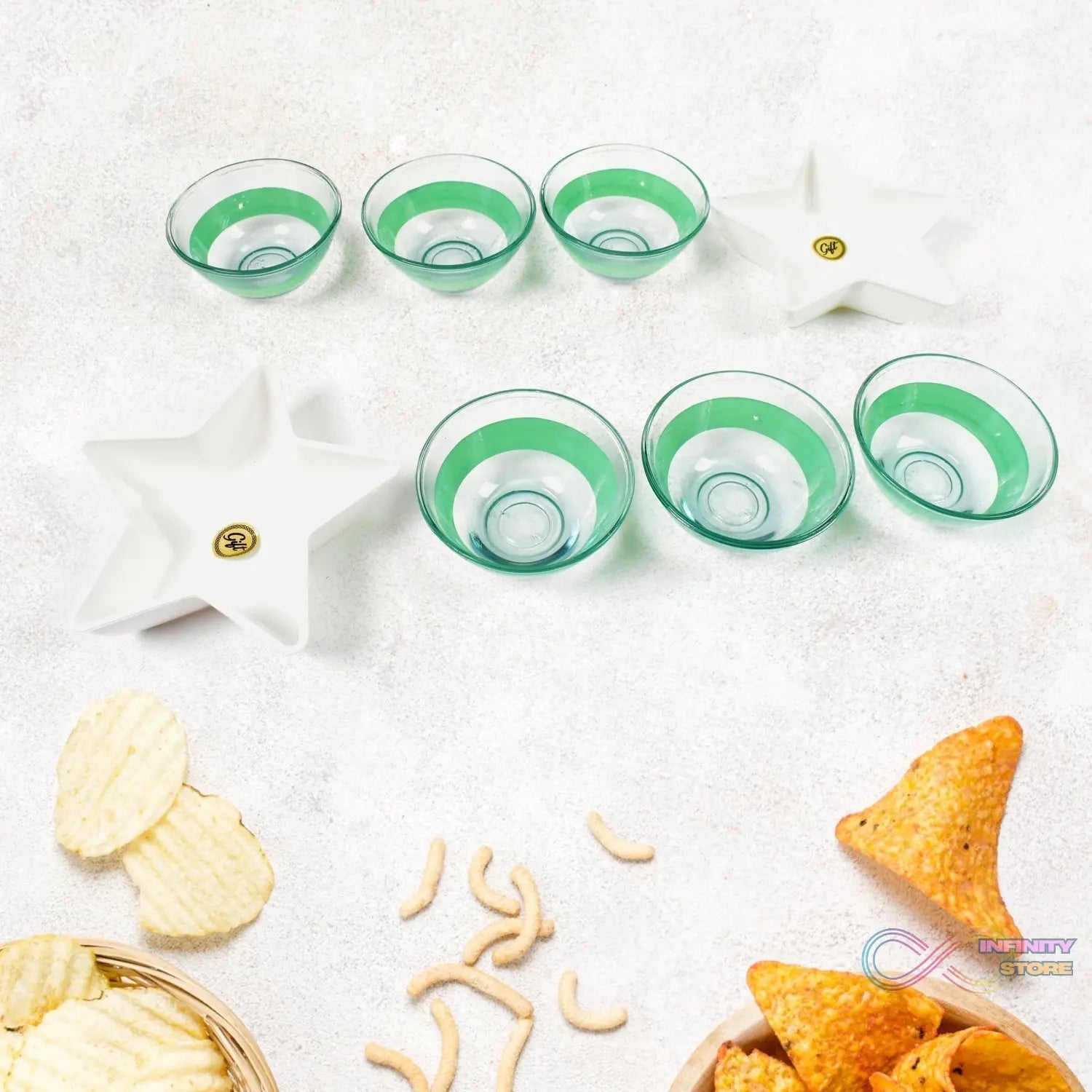 Star Station High Quality 6 Pc Glass Bowl & 2 Pc Plastic Star Shape Snack Bowl Set (8 Pcs Set) - infinityexculsivestore.com