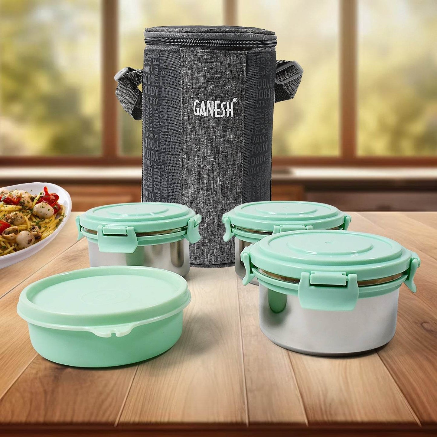 Ganesh 4In1 Tiffin Box-Lunch Box | 3 Stainless Steel Containers 300 Ml Approx & Plastic Salad Container 200 Ml Approx| Plastic lid Box | Round Zip Bag | Leak Proof | Microwave Safe for Office, College and School for Men, Women  - infinityexculsivestore.com