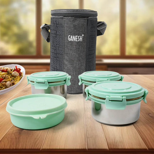 Ganesh 4In1Β Tiffin Box-Lunch Box | 3 Stainless Steel Containers 300 Ml Approx & Plastic Salad Container 200 Ml Approx| Plastic lid Box | Round Zip Bag | Leak Proof | Microwave SafeΒ for Office, College and School for Men, WomenΒ  - infinityexculsivestore.com