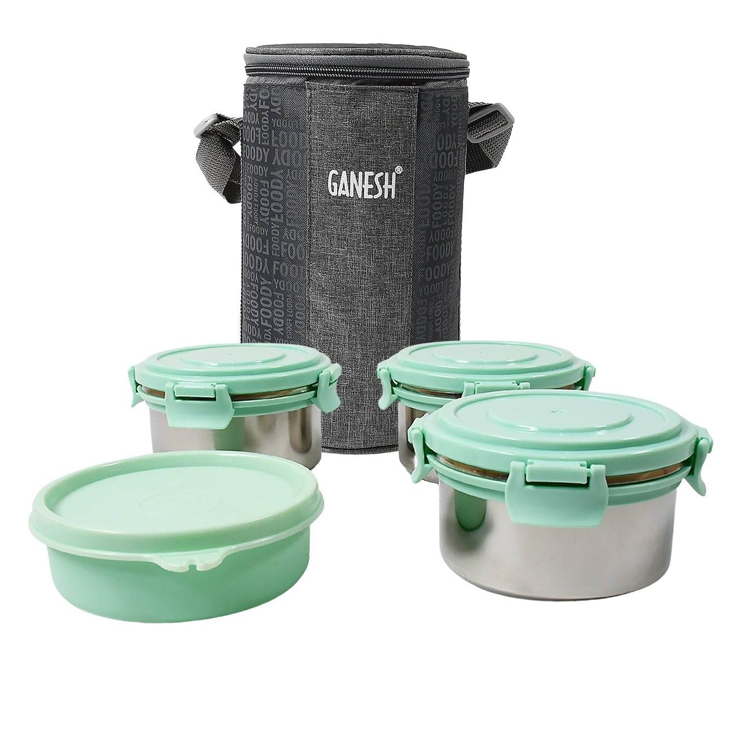 Ganesh 4In1 Tiffin Box-Lunch Box | 3 Stainless Steel Containers 300 Ml Approx & Plastic Salad Container 200 Ml Approx| Plastic lid Box | Round Zip Bag | Leak Proof | Microwave Safe for Office, College and School for Men, Women  - infinityexculsivestore.com