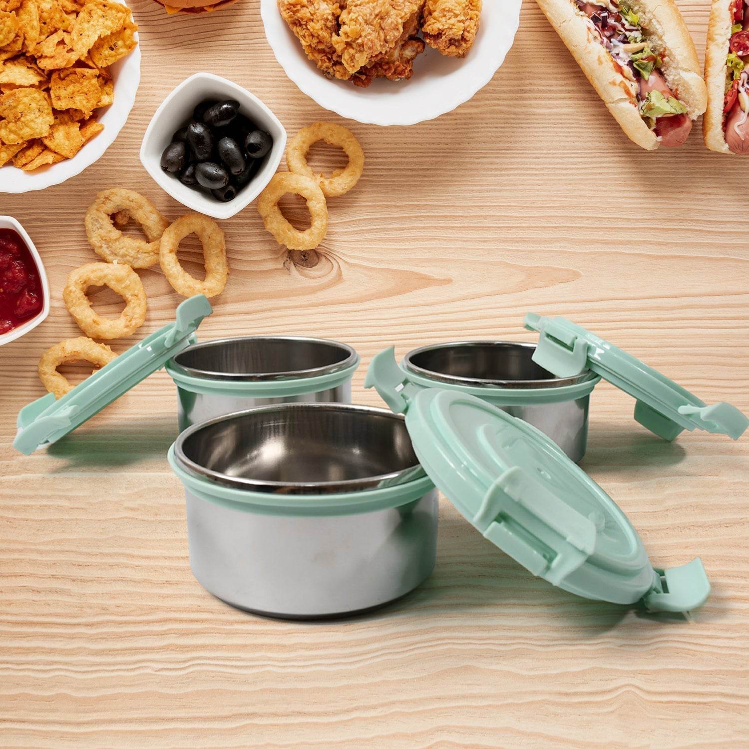 Ganesh 4In1 Tiffin Box-Lunch Box | 3 Stainless Steel Containers 300 Ml Approx & Plastic Salad Container 200 Ml Approx| Plastic lid Box | Round Zip Bag | Leak Proof | Microwave Safe for Office, College and School for Men, Women  - infinityexculsivestore.com