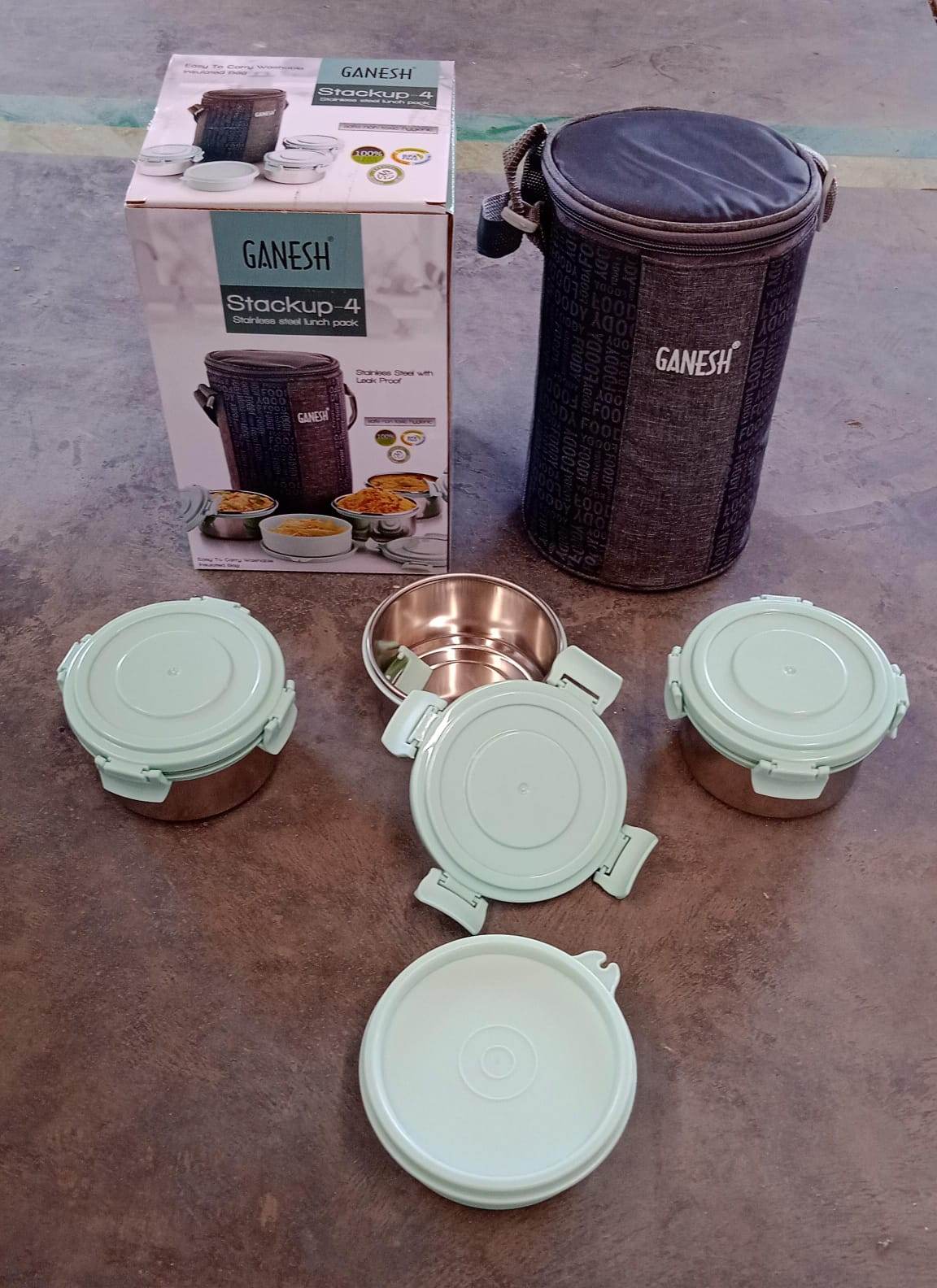 Ganesh 4In1 Tiffin Box-Lunch Box | 3 Stainless Steel Containers 300 Ml Approx & Plastic Salad Container 200 Ml Approx| Plastic lid Box | Round Zip Bag | Leak Proof | Microwave Safe for Office, College and School for Men, Women  - infinityexculsivestore.com