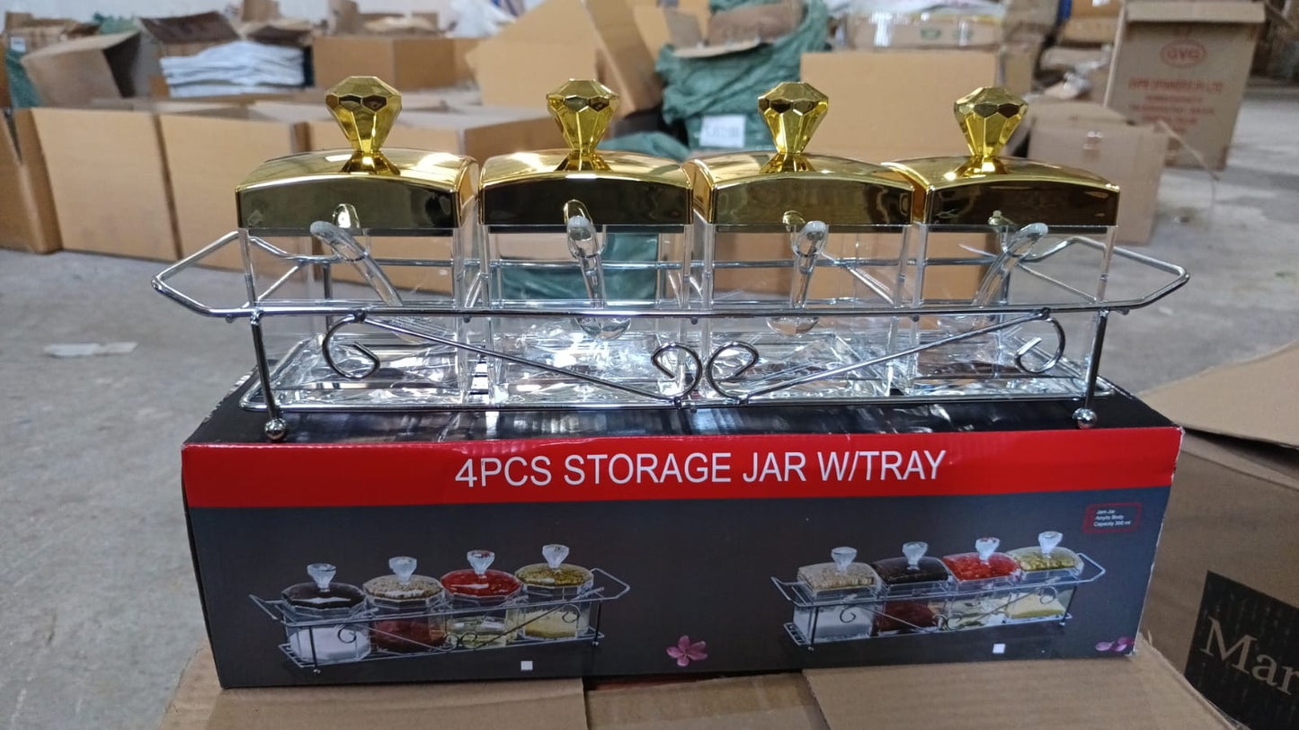 Storage Jar Set One Set with 4 Jars with Lids, Tray & 4 Spoon for Coffee, Tea, Sugar for Storage jar With Tray for Home Kitchen - infinityexculsivestore.com
