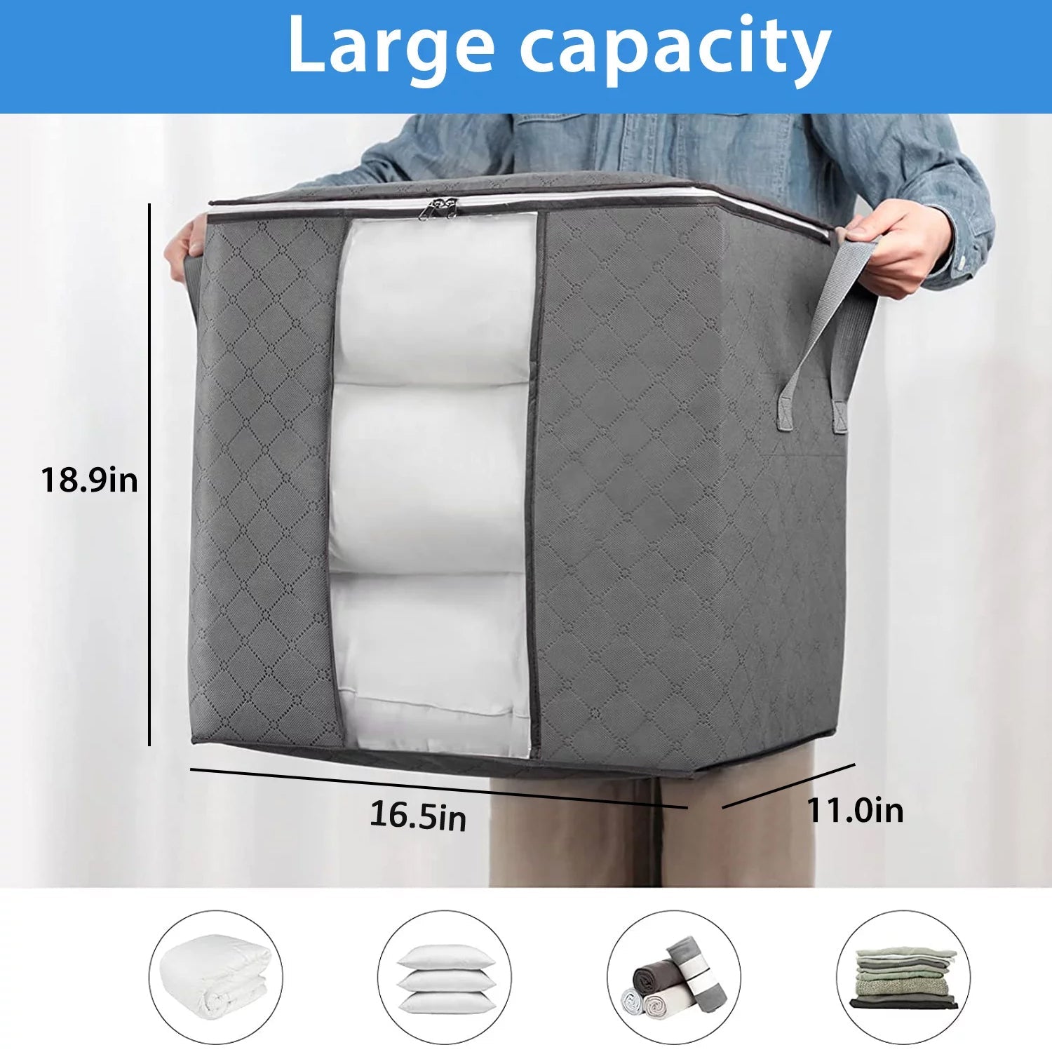 Storage bag with Zipper and Space Saver Comforter bag, Pillow, Quilt, Bedding, Clothes, Blanket Storage Organizer Bag with Large Clear Window and Carry Handles for Closet. - infinityexculsivestore.com