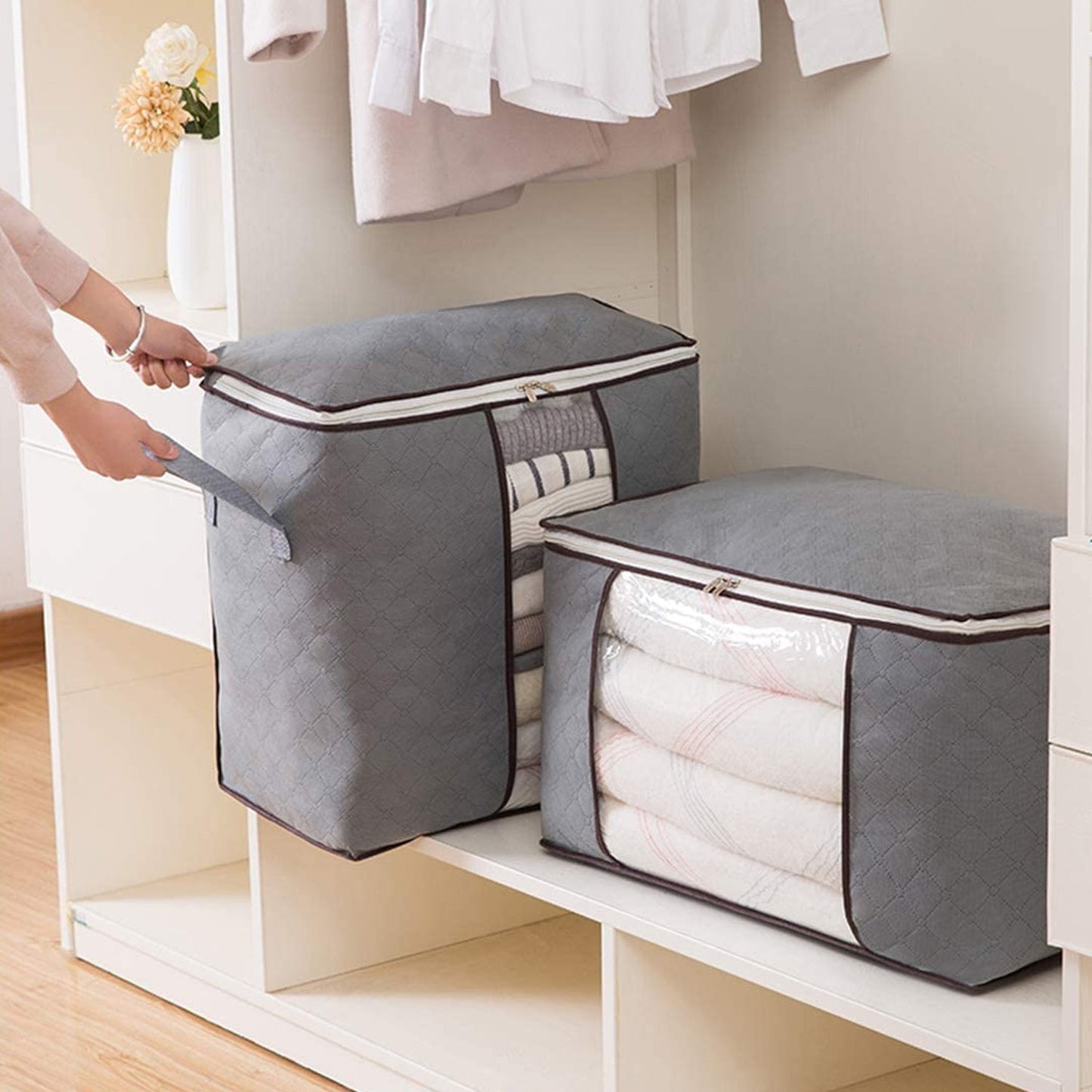 Storage bag with Zipper and Space Saver Comforter bag, Pillow, Quilt, Bedding, Clothes, Blanket Storage Organizer Bag with Large Clear Window and Carry Handles for Closet. - infinityexculsivestore.com