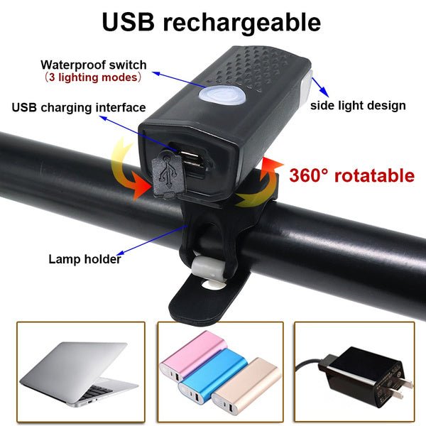 USB Rechargeable 400 Lumen Bicycle Front Headlight Light Set - infinityexculsivestore.com
