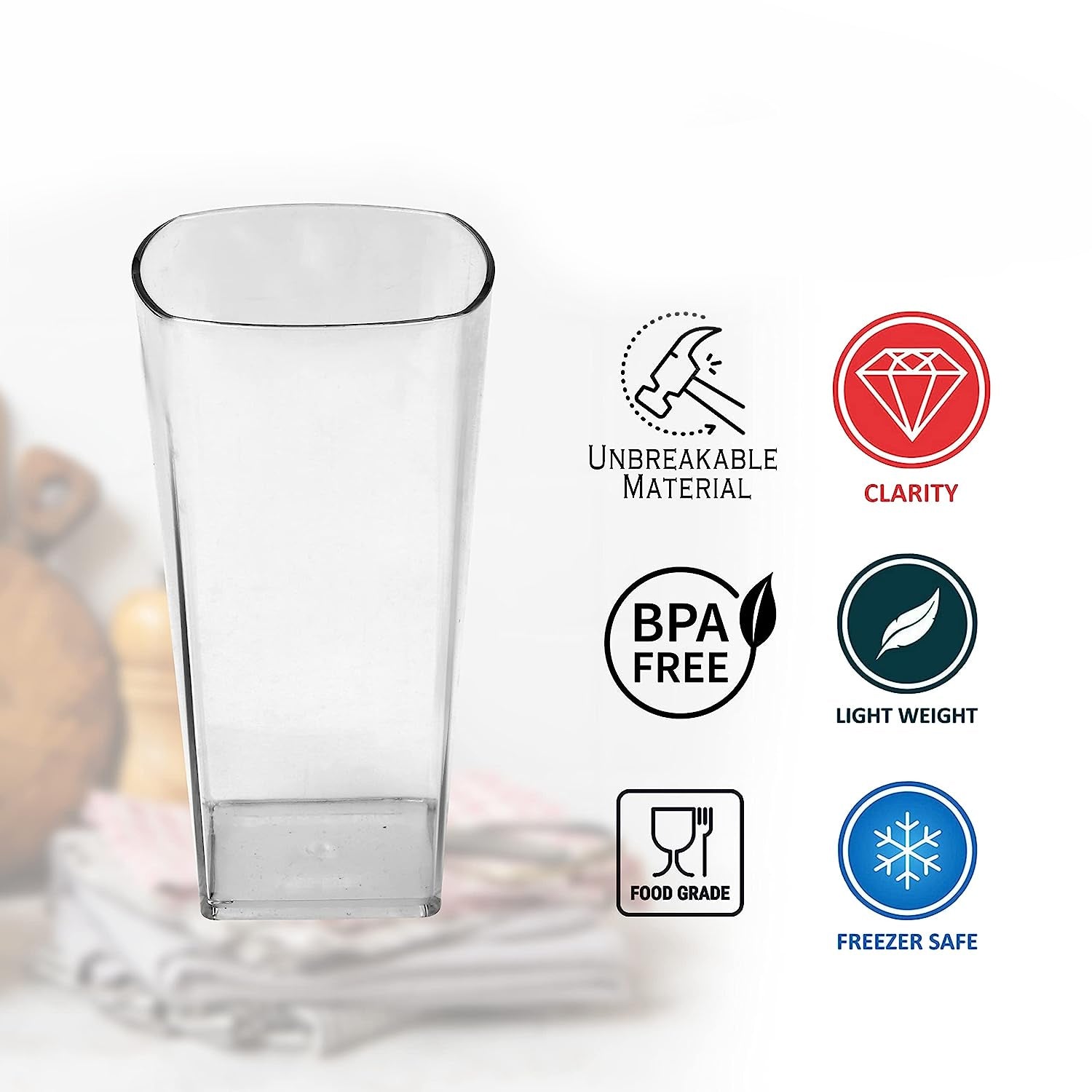 Unbreakable Stylish Transparent Square Design Water / Juice / Beer / Wine Tumbler Plastic Glass Set ( 300 ML, Pack of 6) - infinityexculsivestore.com