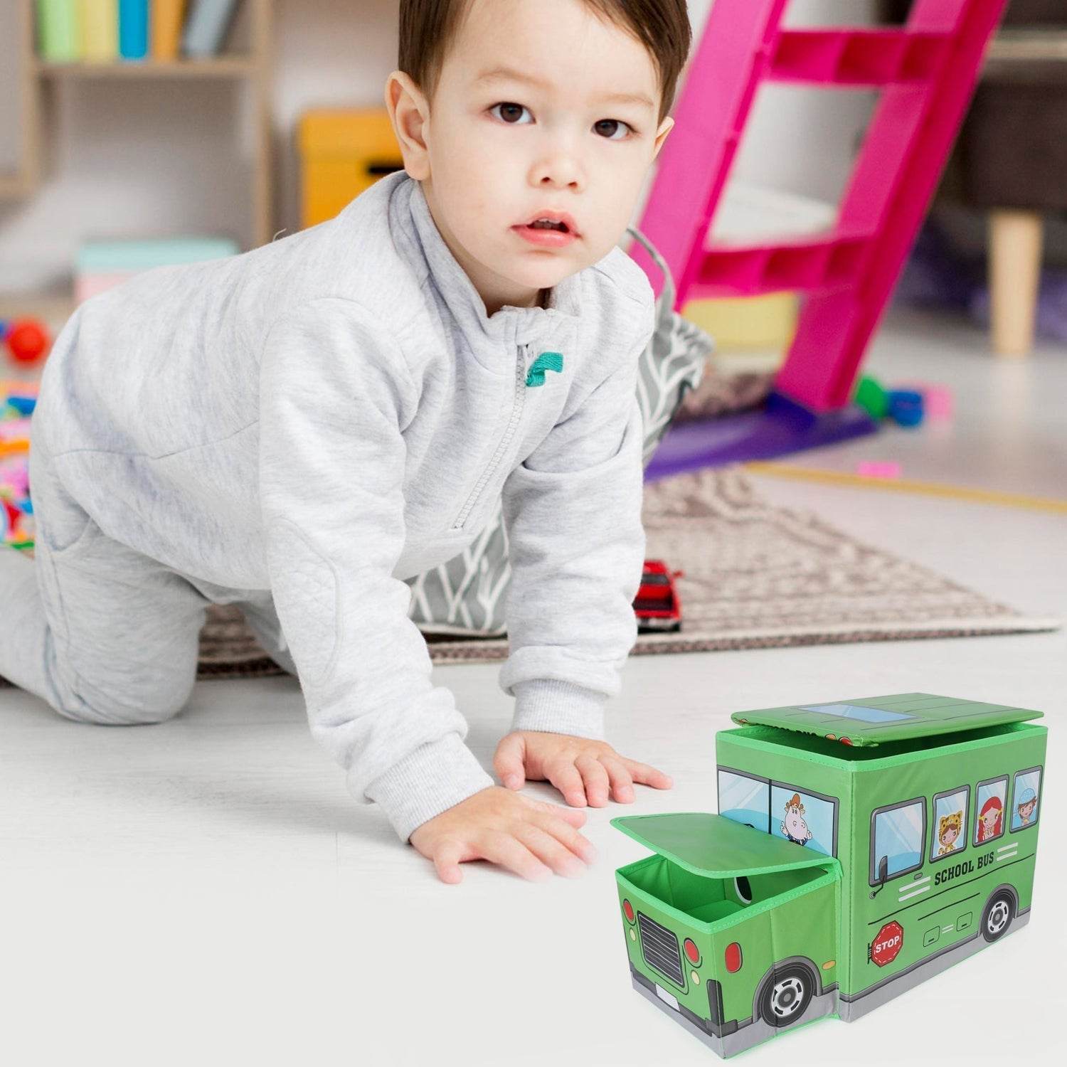 Foldable Bus Shape Toy Box Storage with Lid for Storage of Toys Basket Useful as Toy Organizer mountable Racks Surface Multipurpose Basket for Kids Wardrobe Cabinet Wood with Cloth Cover For Home Decor Books, Game, Baby Cloth (Mix Color & Design ) - infinityexculsivestore.com