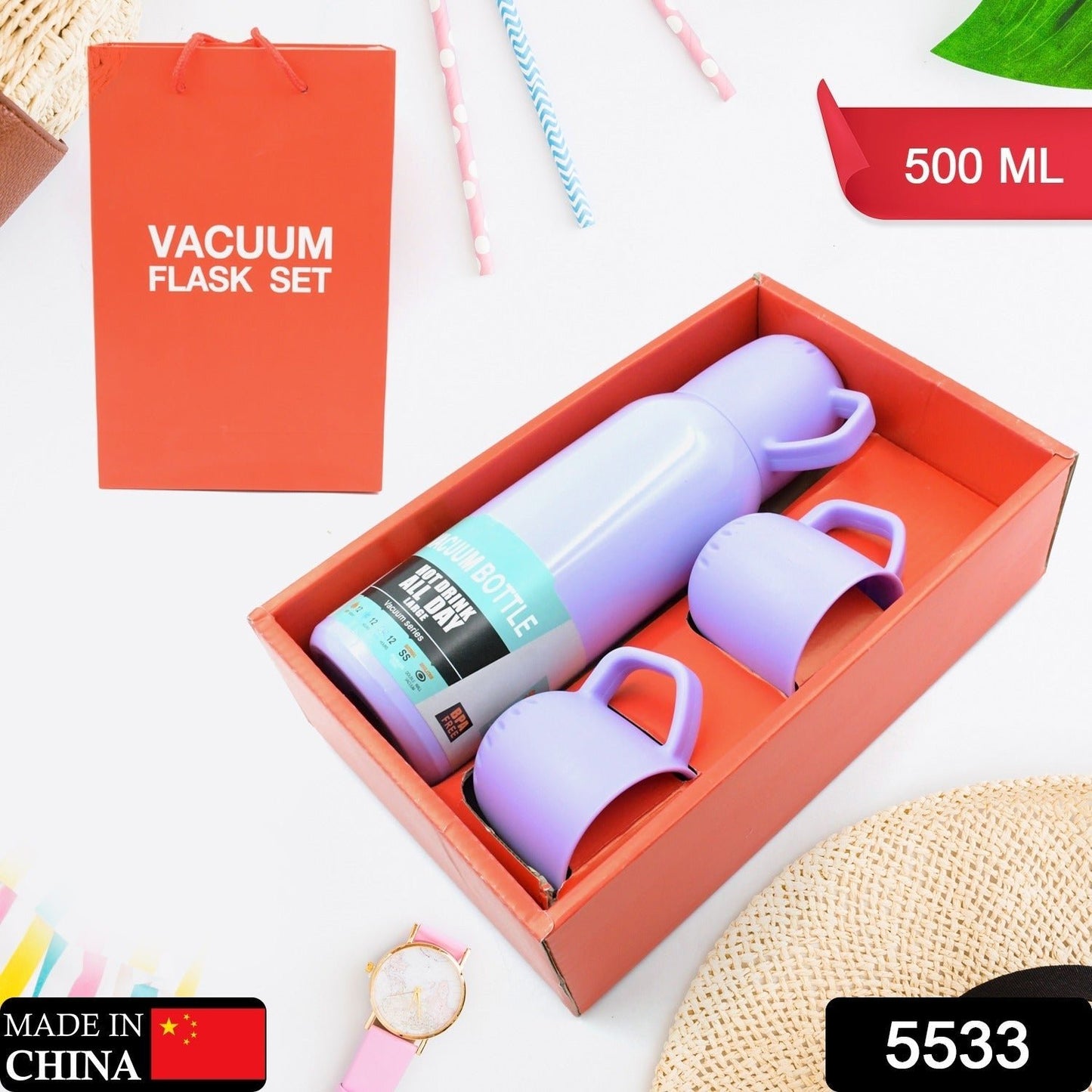 Vacuum Flask Set Stainless Steel Thermos With 3 Cup Creative Gift Set With Cover Handle Portable Car Water Bottle Set (Approx 500ml) - infinityexculsivestore.com