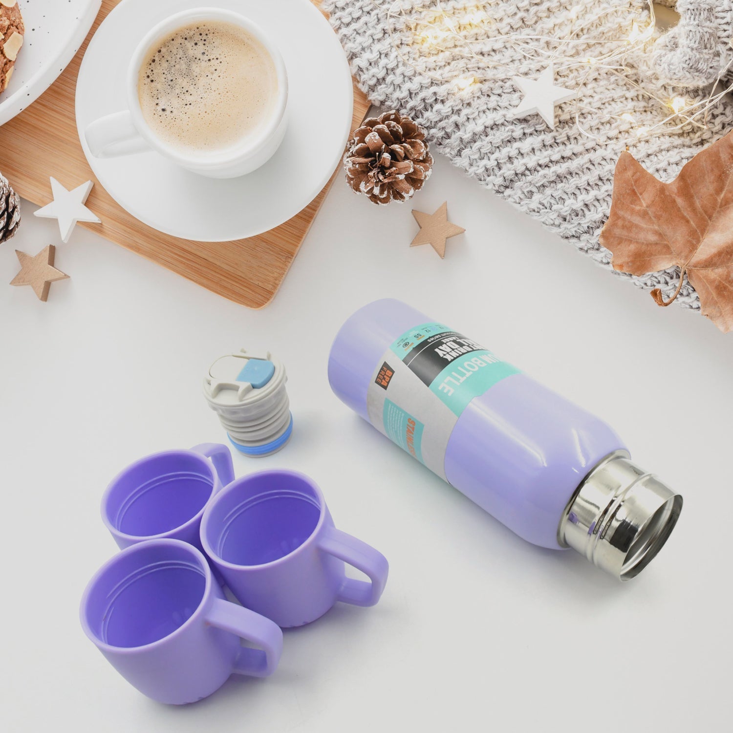 Vacuum Flask Set Stainless Steel Thermos With 3 Cup Creative Gift Set With Cover Handle Portable Car Water Bottle Set (Approx 500ml) - infinityexculsivestore.com