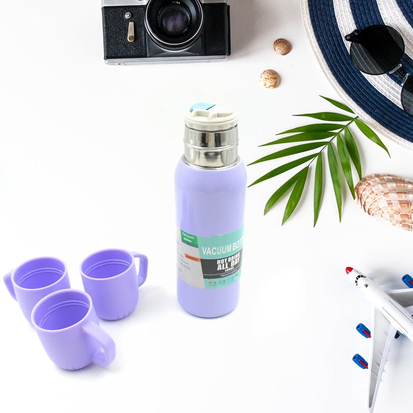 Vacuum Flask Set Stainless Steel Thermos With 3 Cup Creative Gift Set With Cover Handle Portable Car Water Bottle Set (Approx 500ml) - infinityexculsivestore.com