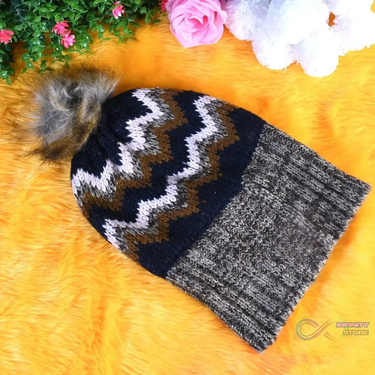 Winter Woolen Knitted Black Inside Fur Beanie Cap (1 Pc / Mix Design & Color) - infinityexculsivestore.com