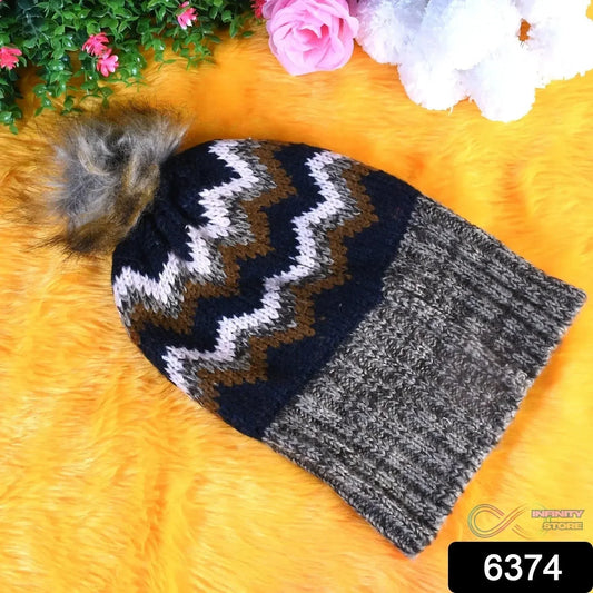 Winter Woolen Knitted Black Inside Fur Beanie Cap (1 Pc / Mix Design & Color) - infinityexculsivestore.com