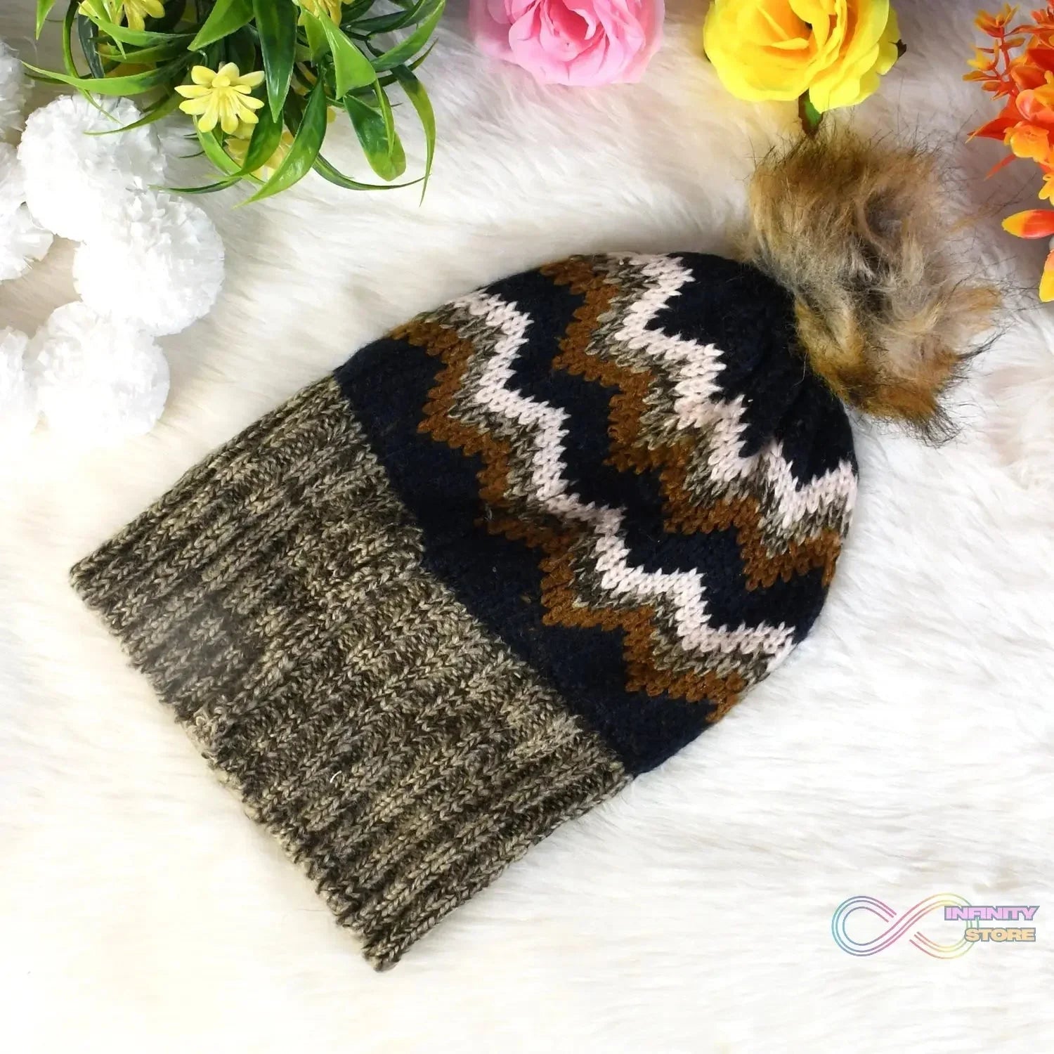 Winter Woolen Knitted Black Inside Fur Beanie Cap (1 Pc / Mix Design & Color) - infinityexculsivestore.com