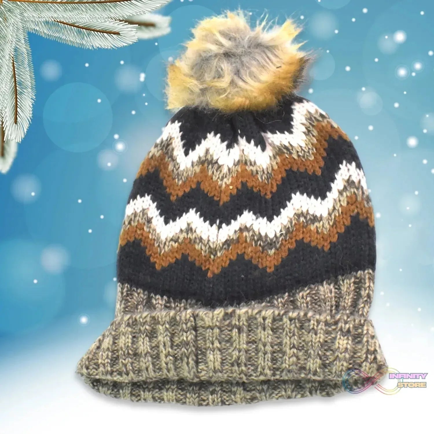 Winter Woolen Knitted Black Inside Fur Beanie Cap (1 Pc / Mix Design & Color) - infinityexculsivestore.com