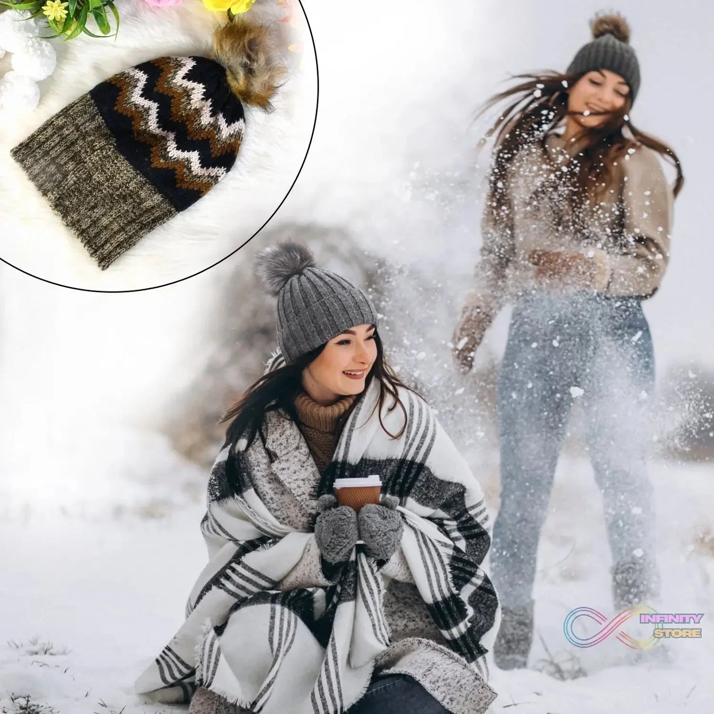 Winter Woolen Knitted Black Inside Fur Beanie Cap (1 Pc / Mix Design & Color) - infinityexculsivestore.com