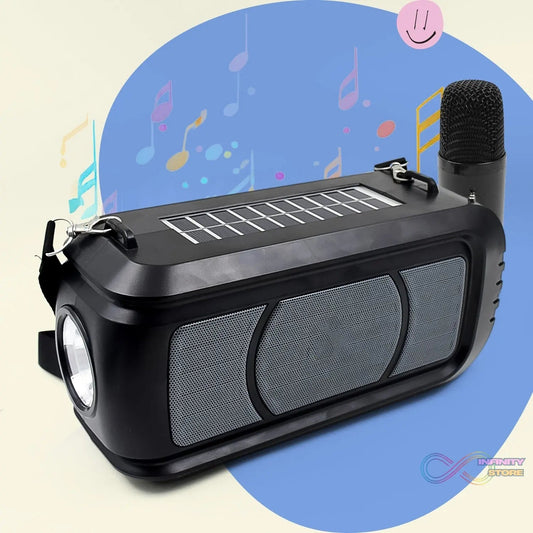 Wireless Bluetooth Speaker 5W High Bass with Wireless Mic / Microphone, LED Torch, Solar Charging, Support USB & Adjustable Strap (1 Set) - infinityexculsivestore.com