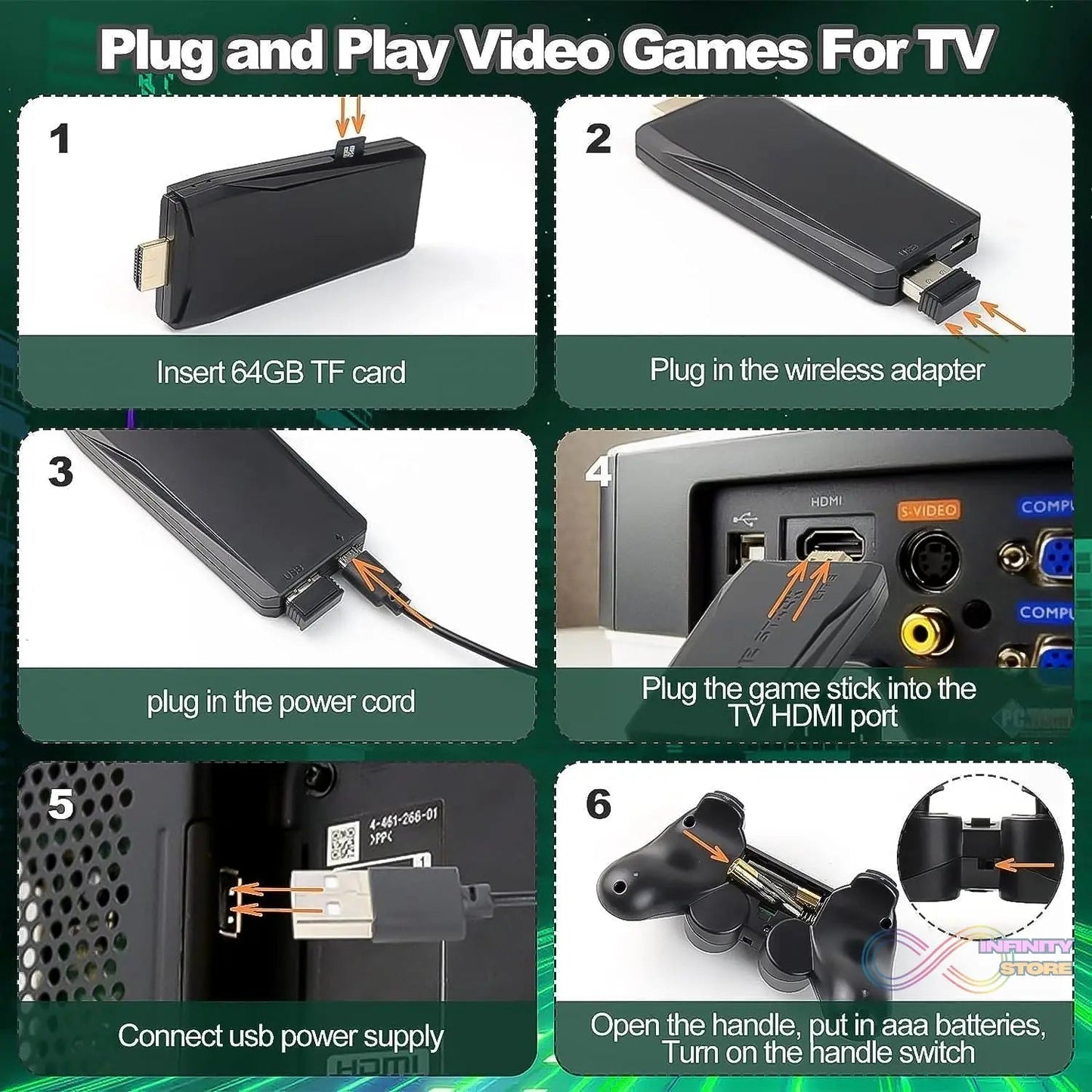 Wireless Controller Gamepad with 10,000+ Games, 4k Ultra HD Game Sticks Output, and 2.4GHz Wireless Controller Video Games with 64gb Memory Card (1 Set) - infinityexculsivestore.com