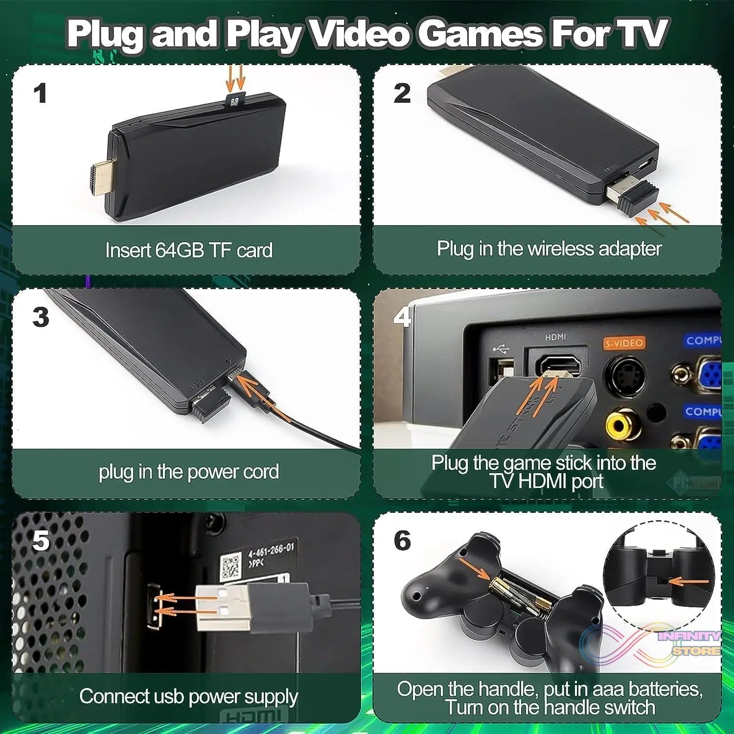Wireless Controller Gamepad with 10,000+ Games, 4k Ultra HD Game Sticks Output, and 2.4GHz Wireless Controller Video Games with 64gb Memory Card (1 Set) - infinityexculsivestore.com