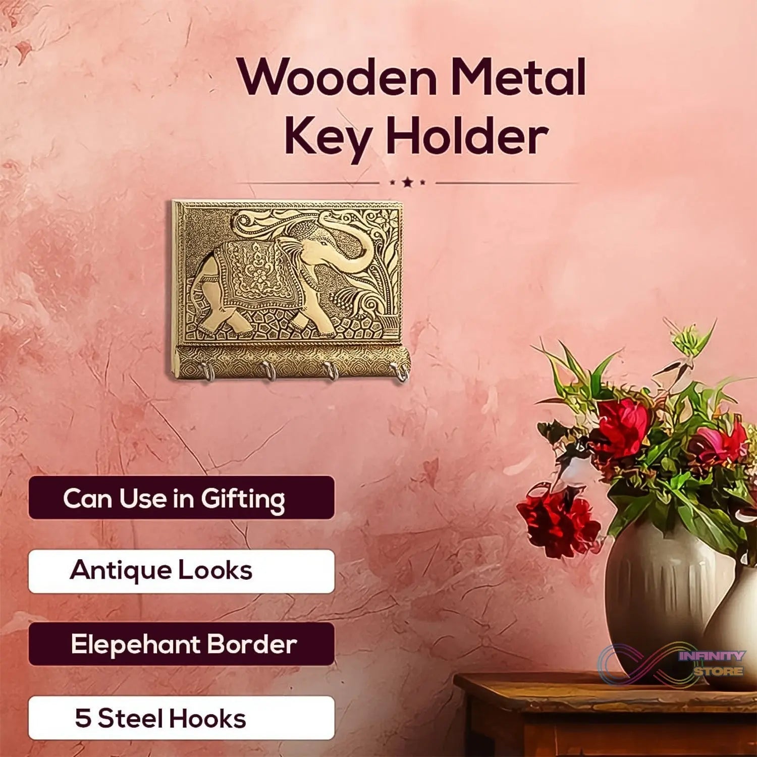 Wooden Key Holder for Home Decor Stylish Metal Gold Antique Elephant Design (1 Pc) - infinityexculsivestore.com