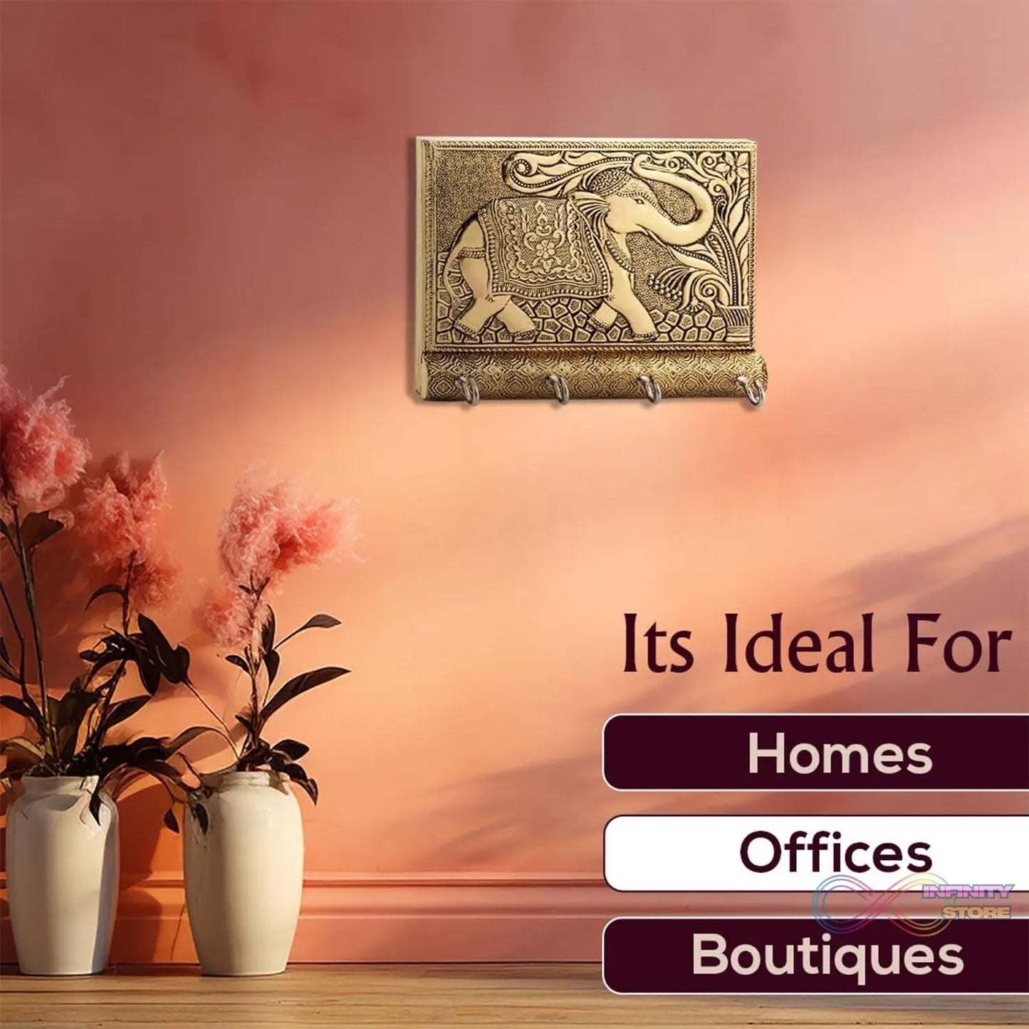Wooden Key Holder for Home Decor Stylish Metal Gold Antique Elephant Design (1 Pc) - infinityexculsivestore.com